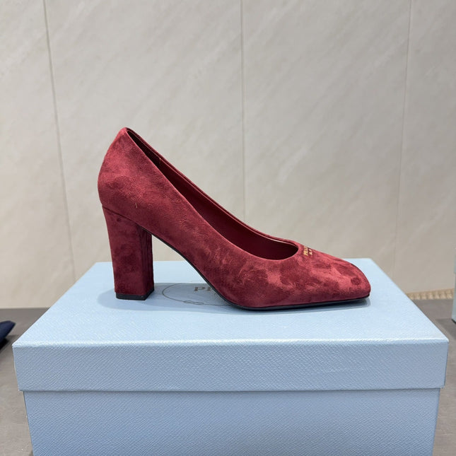 PRADA 26S SQUARE TOE HIGH HEELS 85MM IN DARK RED SUEDE