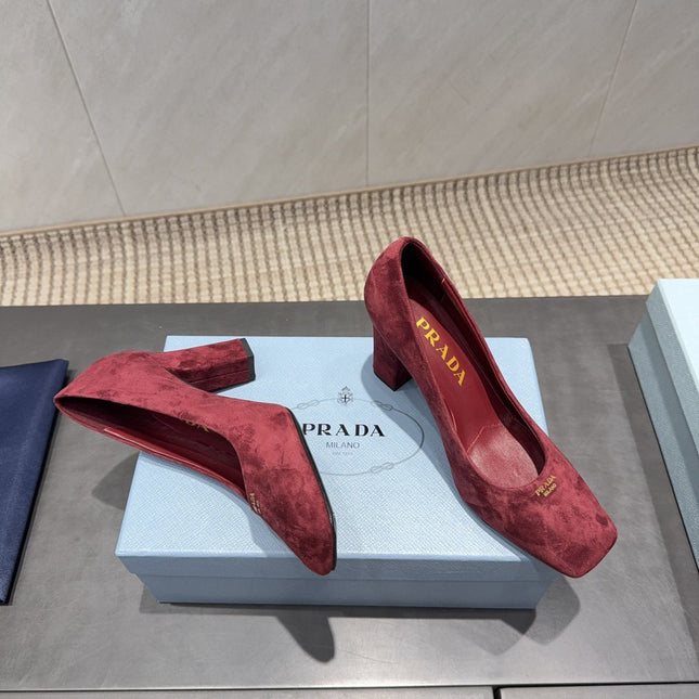 PRADA 26S SQUARE TOE HIGH HEELS 85MM IN DARK RED SUEDE