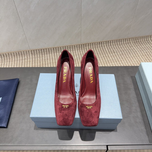PRADA 26S SQUARE TOE HIGH HEELS 85MM IN DARK RED SUEDE