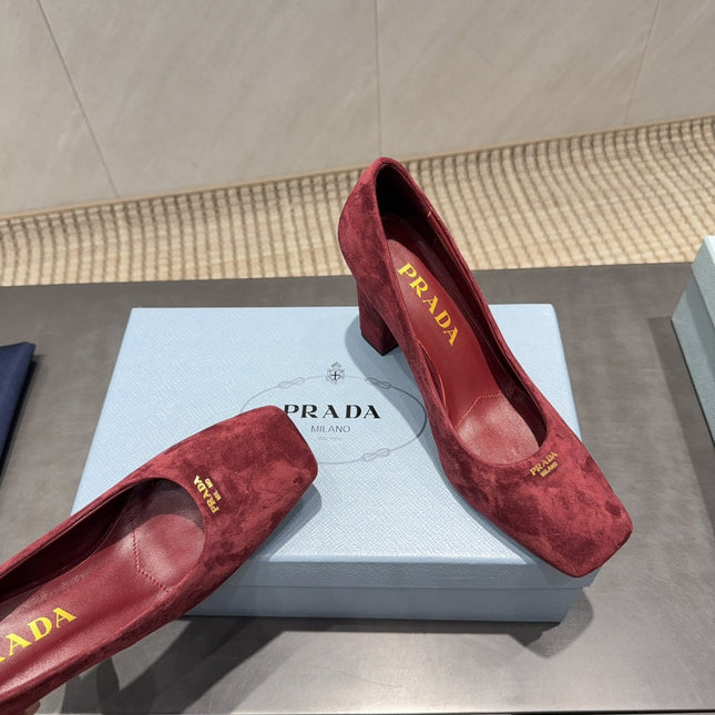 PRADA 26S SQUARE TOE HIGH HEELS 85MM IN DARK RED SUEDE