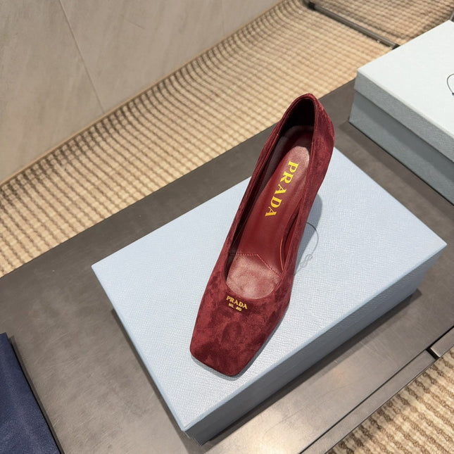 PRADA 26S SQUARE TOE HIGH HEELS 85MM IN DARK RED SUEDE