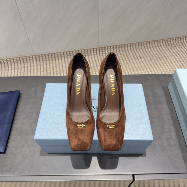 PRADA 26S SQUARE TOE HIGH HEELS 85MM IN CARAMEL BROWN SUEDE
