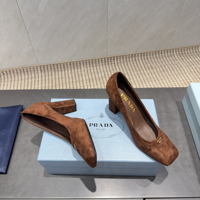 PRADA 26S SQUARE TOE HIGH HEELS 85MM IN CARAMEL BROWN SUEDE