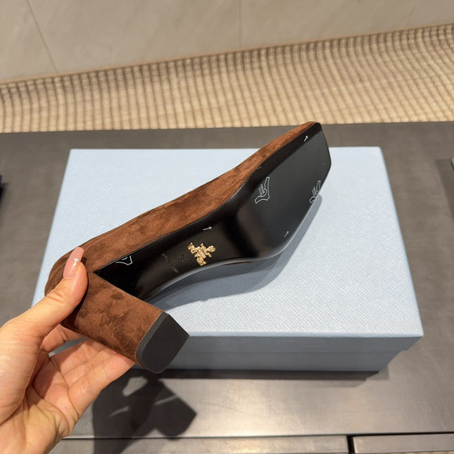 PRADA 26S SQUARE TOE HIGH HEELS 85MM IN CARAMEL BROWN SUEDE