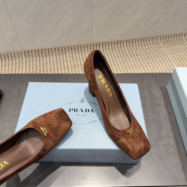 PRADA 26S SQUARE TOE HIGH HEELS 85MM IN CARAMEL BROWN SUEDE