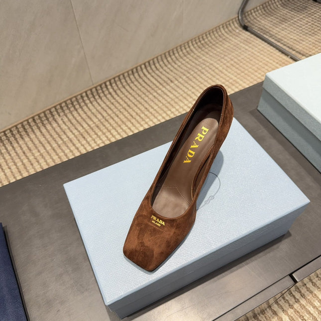 PRADA 26S SQUARE TOE HIGH HEELS 85MM IN CARAMEL BROWN SUEDE