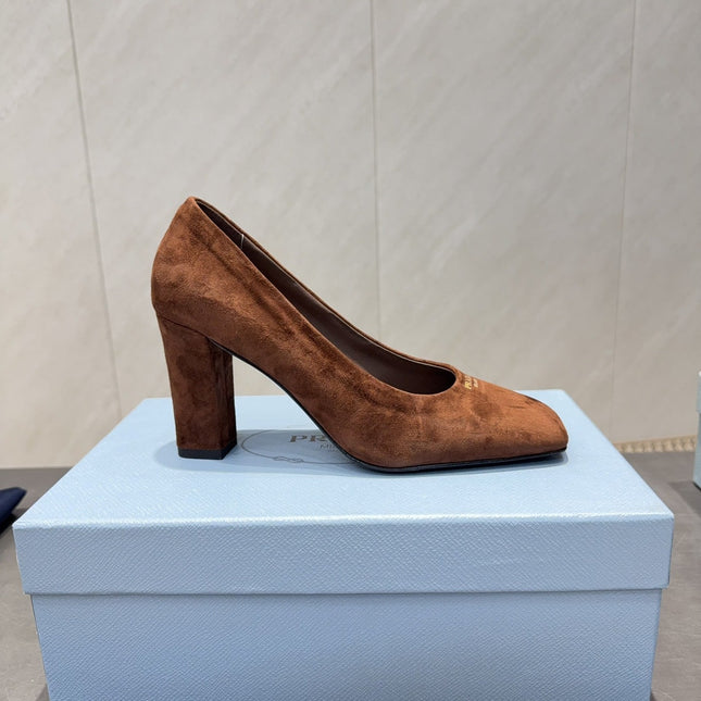 PRADA 26S SQUARE TOE HIGH HEELS 85MM IN CARAMEL BROWN SUEDE