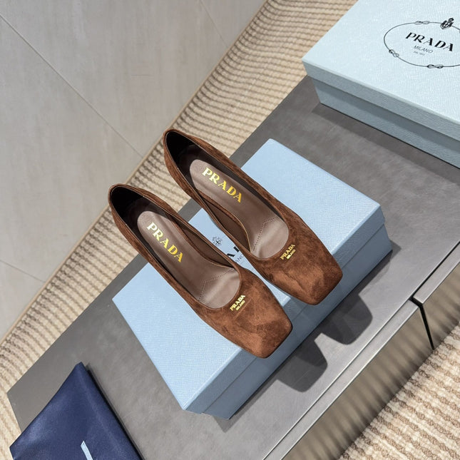 PRADA 26S SQUARE TOE HIGH HEELS 85MM IN CARAMEL BROWN SUEDE