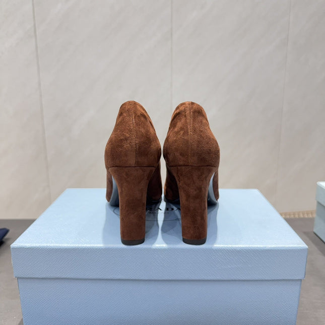 PRADA 26S SQUARE TOE HIGH HEELS 85MM IN CARAMEL BROWN SUEDE