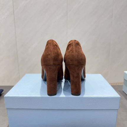PRADA 26S SQUARE TOE HIGH HEELS 85MM IN CARAMEL BROWN SUEDE