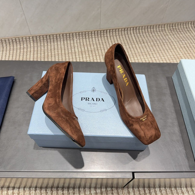 PRADA 26S SQUARE TOE HIGH HEELS 85MM IN CARAMEL BROWN SUEDE