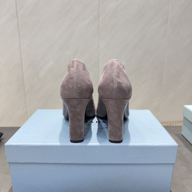 PRADA 26S SQUARE TOE HIGH HEELS 85MM IN TAUPE BROWN SUEDE