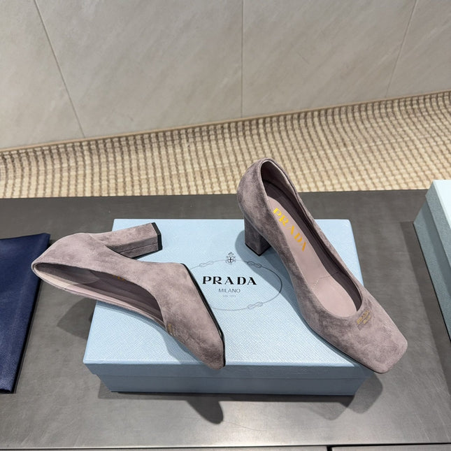 PRADA 26S SQUARE TOE HIGH HEELS 85MM IN TAUPE BROWN SUEDE