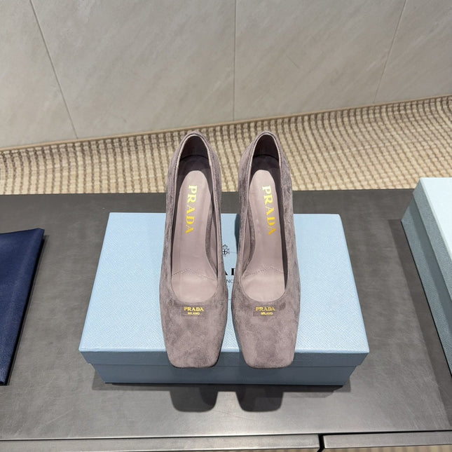 PRADA 26S SQUARE TOE HIGH HEELS 85MM IN TAUPE BROWN SUEDE