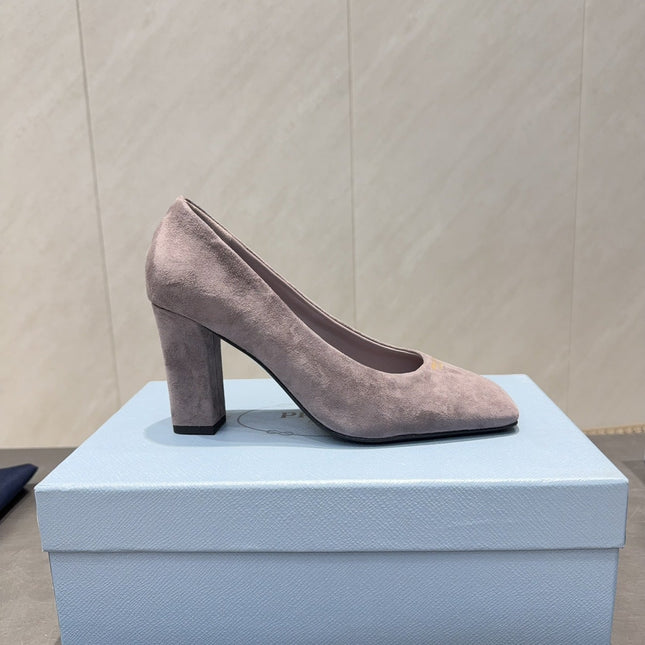 PRADA 26S SQUARE TOE HIGH HEELS 85MM IN TAUPE BROWN SUEDE
