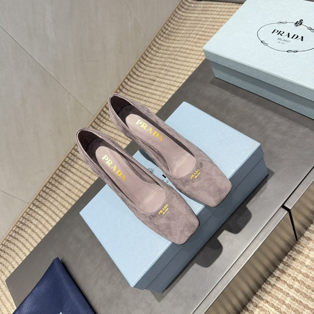 PRADA 26S SQUARE TOE HIGH HEELS 85MM IN TAUPE BROWN SUEDE
