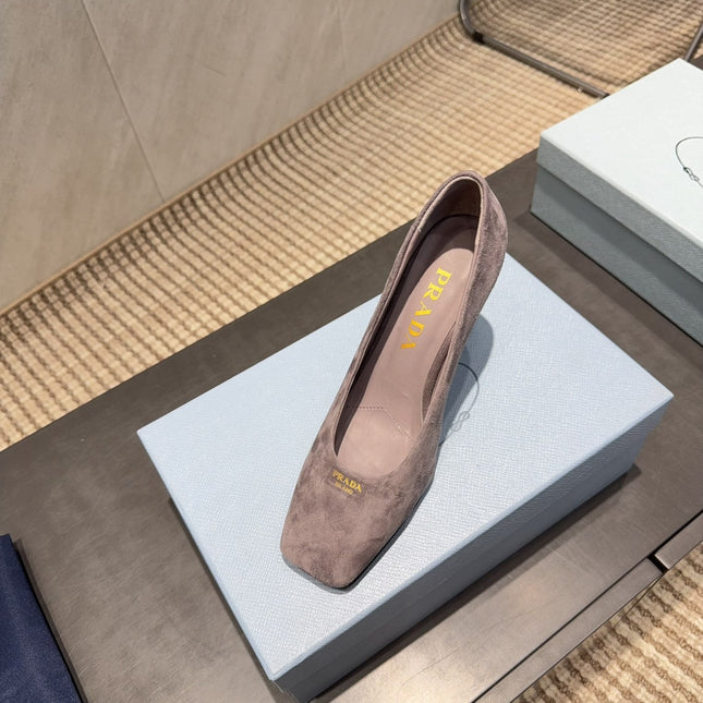 PRADA 26S SQUARE TOE HIGH HEELS 85MM IN TAUPE BROWN SUEDE