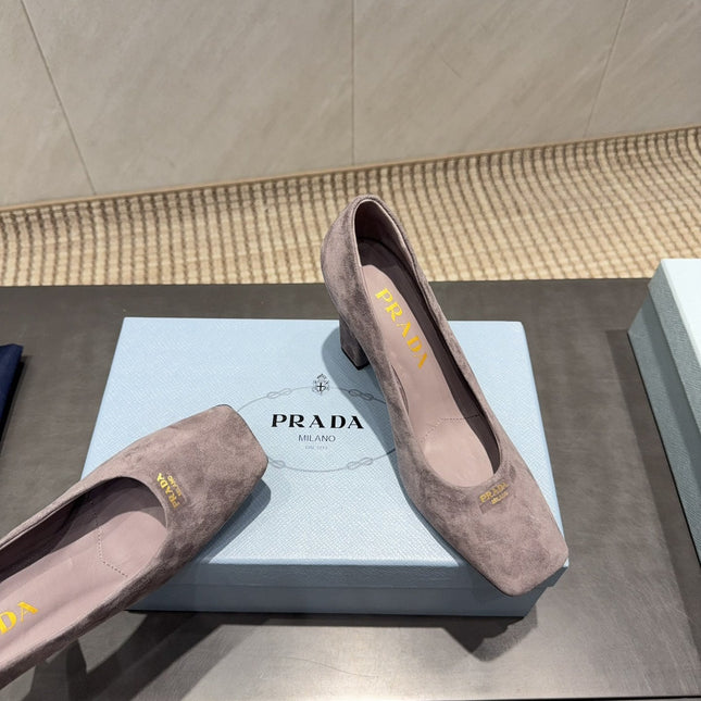 PRADA 26S SQUARE TOE HIGH HEELS 85MM IN TAUPE BROWN SUEDE