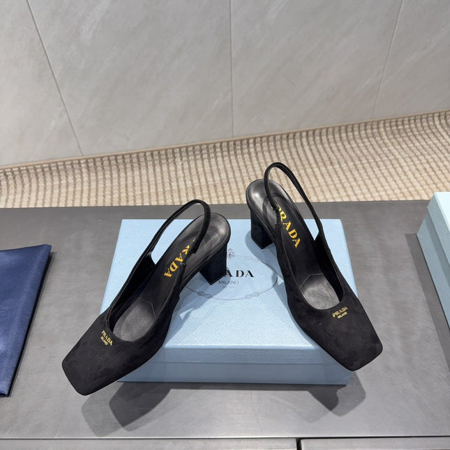 PRADA 26S LOW HEEL SQUARE TOE SLINGBACK SHOES 85MM IN BLACK SUEDE