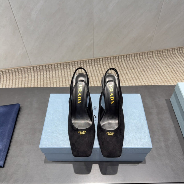 PRADA 26S LOW HEEL SQUARE TOE SLINGBACK SHOES 85MM IN BLACK SUEDE