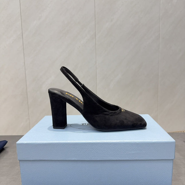PRADA 26S LOW HEEL SQUARE TOE SLINGBACK SHOES 85MM IN BLACK SUEDE