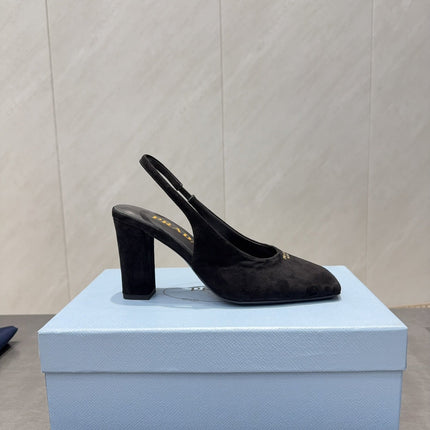 PRADA 26S LOW HEEL SQUARE TOE SLINGBACK SHOES 85MM IN BLACK SUEDE