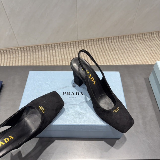 PRADA 26S LOW HEEL SQUARE TOE SLINGBACK SHOES 85MM IN BLACK SUEDE