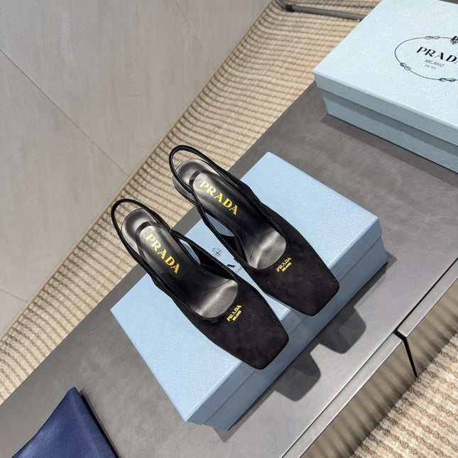 PRADA 26S LOW HEEL SQUARE TOE SLINGBACK SHOES 85MM IN BLACK SUEDE