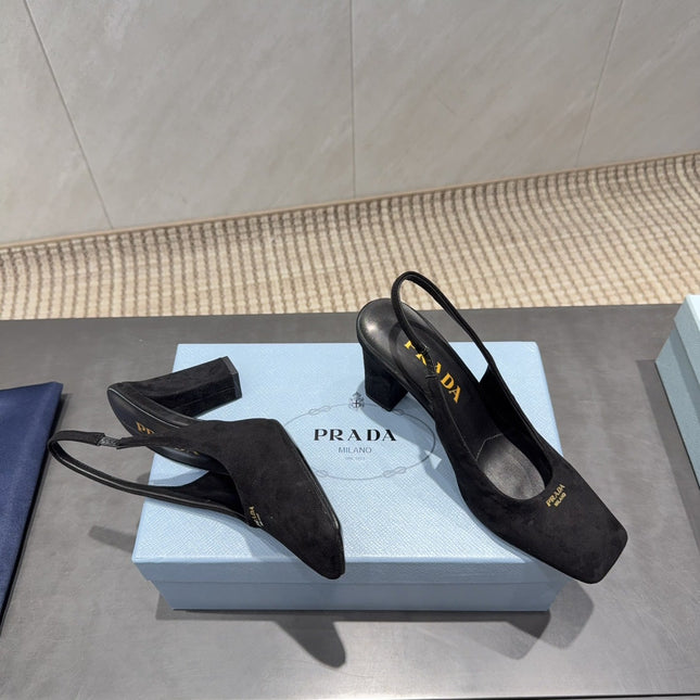PRADA 26S LOW HEEL SQUARE TOE SLINGBACK SHOES 85MM IN BLACK SUEDE
