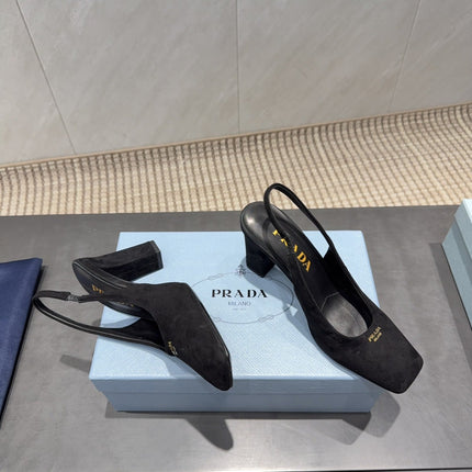 PRADA 26S LOW HEEL SQUARE TOE SLINGBACK SHOES 85MM IN BLACK SUEDE