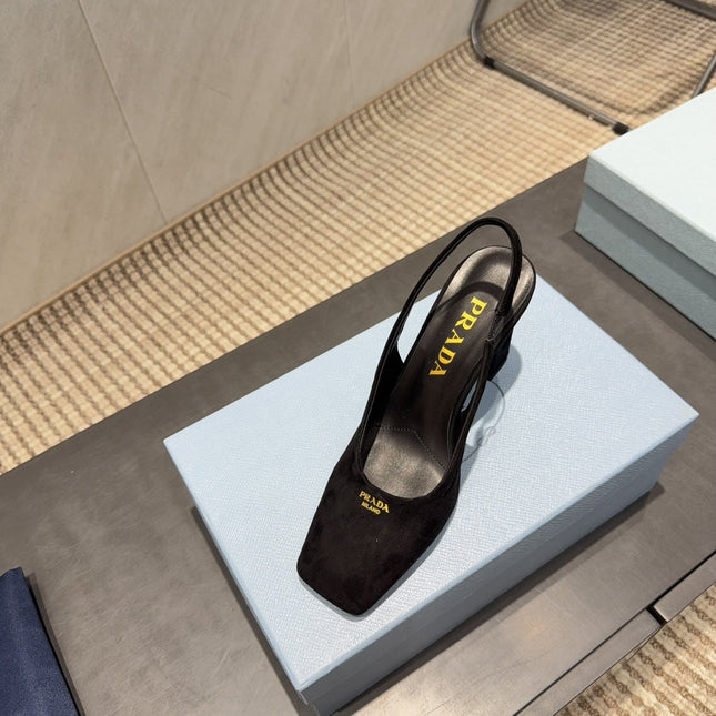 PRADA 26S LOW HEEL SQUARE TOE SLINGBACK SHOES 85MM IN BLACK SUEDE
