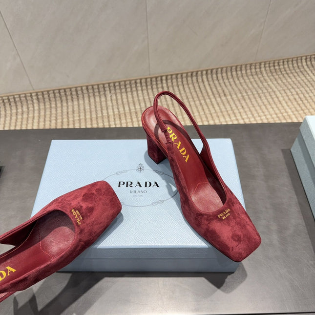 PRADA 26S LOW HEEL SQUARE TOE SLINGBACK SHOES 85MM IN DARK RED SUEDE