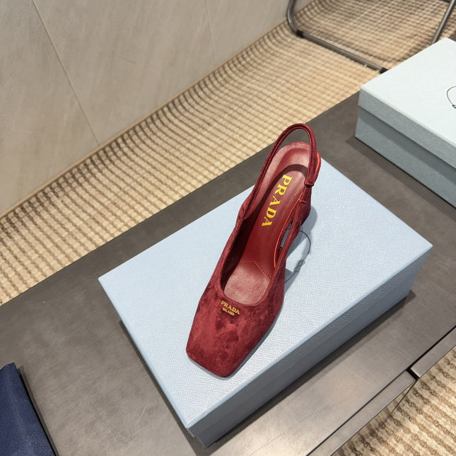 PRADA 26S LOW HEEL SQUARE TOE SLINGBACK SHOES 85MM IN DARK RED SUEDE