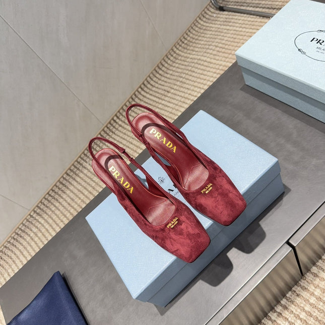 PRADA 26S LOW HEEL SQUARE TOE SLINGBACK SHOES 85MM IN DARK RED SUEDE