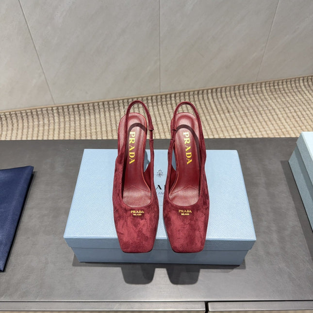 PRADA 26S LOW HEEL SQUARE TOE SLINGBACK SHOES 85MM IN DARK RED SUEDE