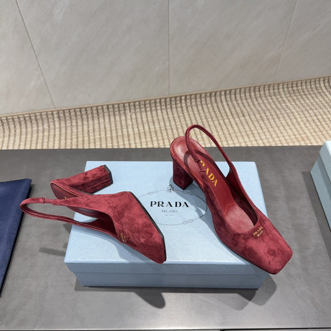 PRADA 26S LOW HEEL SQUARE TOE SLINGBACK SHOES 85MM IN DARK RED SUEDE