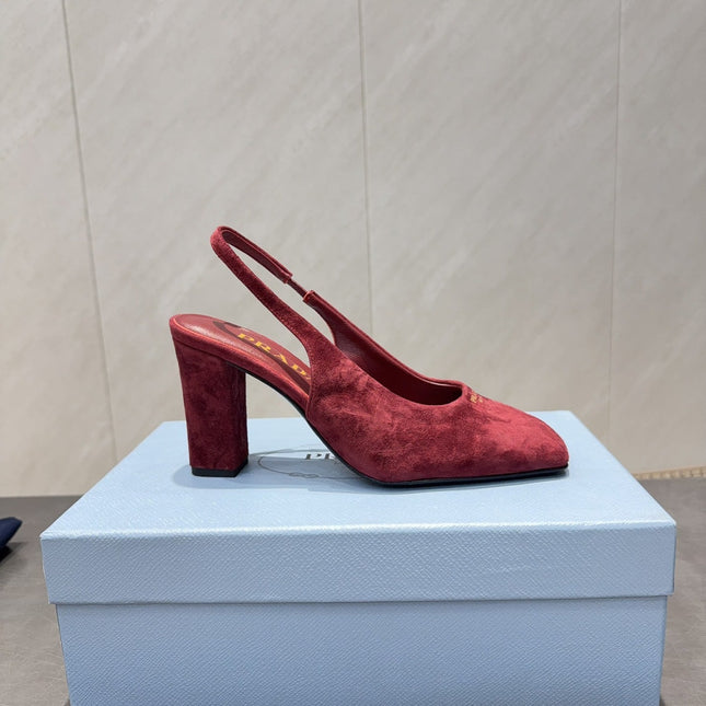 PRADA 26S LOW HEEL SQUARE TOE SLINGBACK SHOES 85MM IN DARK RED SUEDE