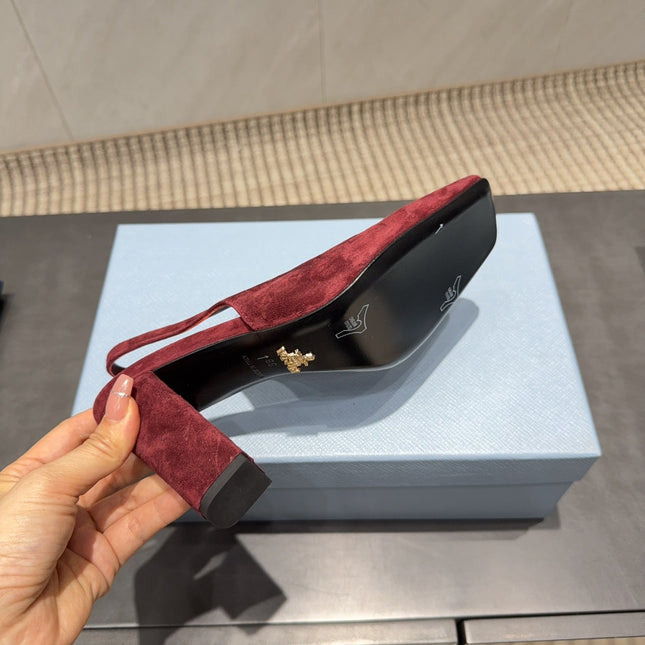 PRADA 26S LOW HEEL SQUARE TOE SLINGBACK SHOES 85MM IN DARK RED SUEDE