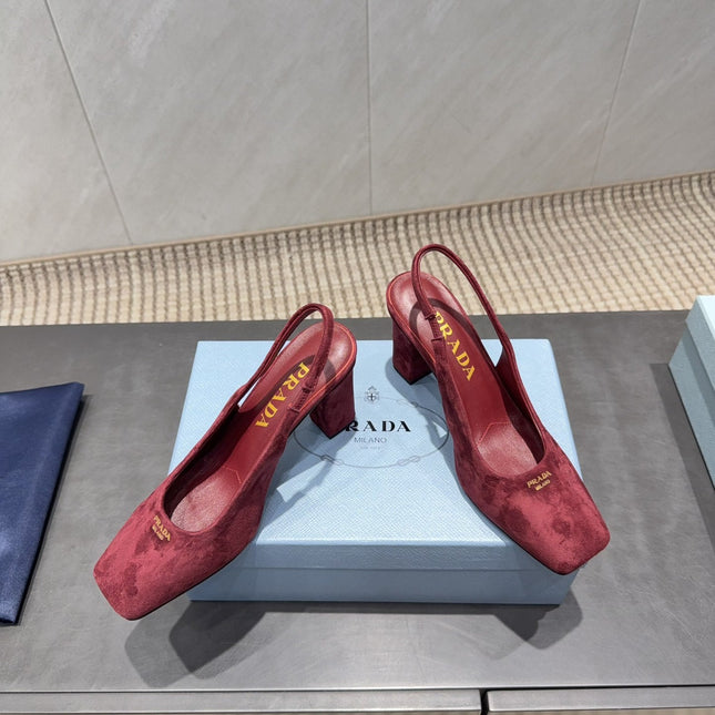 PRADA 26S LOW HEEL SQUARE TOE SLINGBACK SHOES 85MM IN DARK RED SUEDE