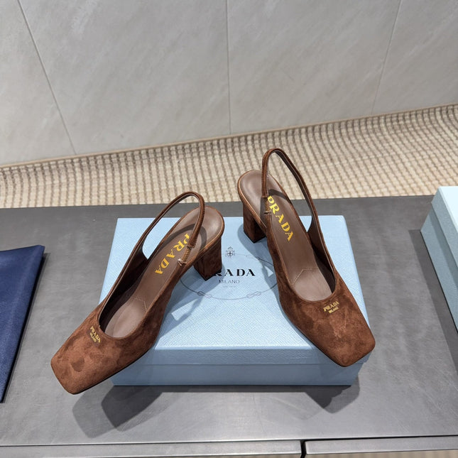 PRADA 26S LOW HEEL SQUARE TOE SLINGBACK SHOES 85MM IN CARAMEL BROWN SUEDE