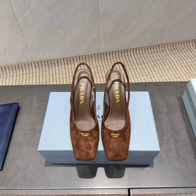 PRADA 26S LOW HEEL SQUARE TOE SLINGBACK SHOES 85MM IN CARAMEL BROWN SUEDE