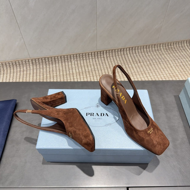 PRADA 26S LOW HEEL SQUARE TOE SLINGBACK SHOES 85MM IN CARAMEL BROWN SUEDE