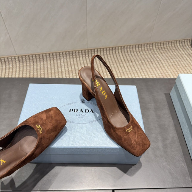 PRADA 26S LOW HEEL SQUARE TOE SLINGBACK SHOES 85MM IN CARAMEL BROWN SUEDE