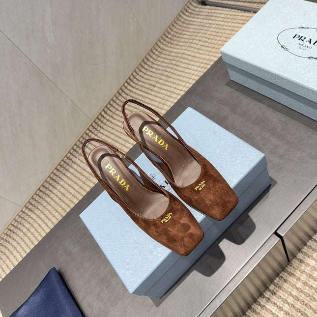 PRADA 26S LOW HEEL SQUARE TOE SLINGBACK SHOES 85MM IN CARAMEL BROWN SUEDE