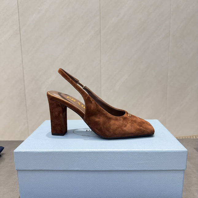 PRADA 26S LOW HEEL SQUARE TOE SLINGBACK SHOES 85MM IN CARAMEL BROWN SUEDE
