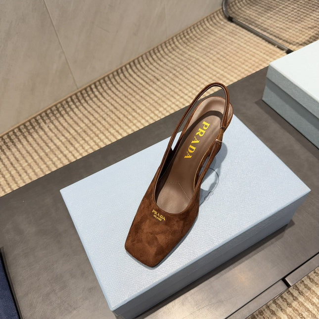 PRADA 26S LOW HEEL SQUARE TOE SLINGBACK SHOES 85MM IN CARAMEL BROWN SUEDE