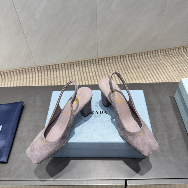 PRADA 26S LOW HEEL SQUARE TOE SLINGBACK SHOES 85MM IN TAUPE BROWN SUEDE
