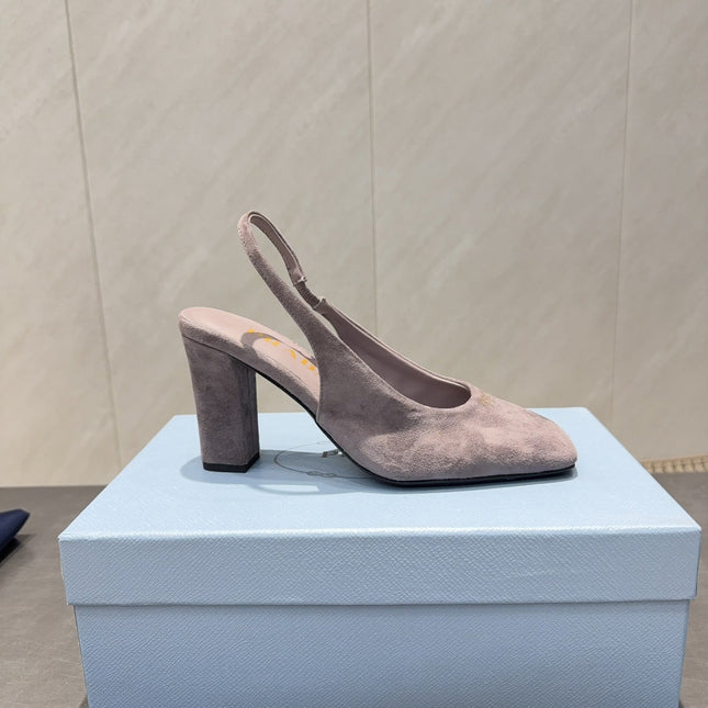 PRADA 26S LOW HEEL SQUARE TOE SLINGBACK SHOES 85MM IN TAUPE BROWN SUEDE
