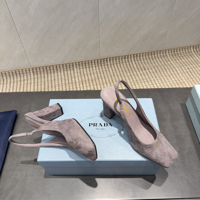 PRADA 26S LOW HEEL SQUARE TOE SLINGBACK SHOES 85MM IN TAUPE BROWN SUEDE