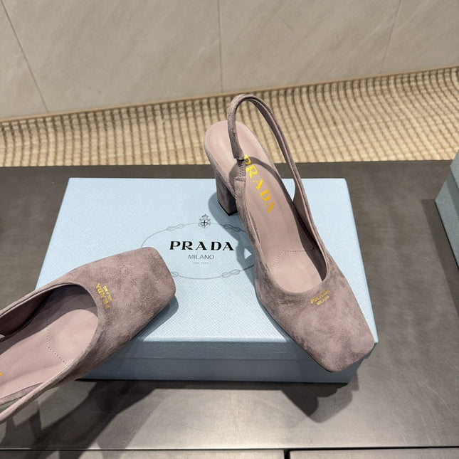 PRADA 26S LOW HEEL SQUARE TOE SLINGBACK SHOES 85MM IN TAUPE BROWN SUEDE